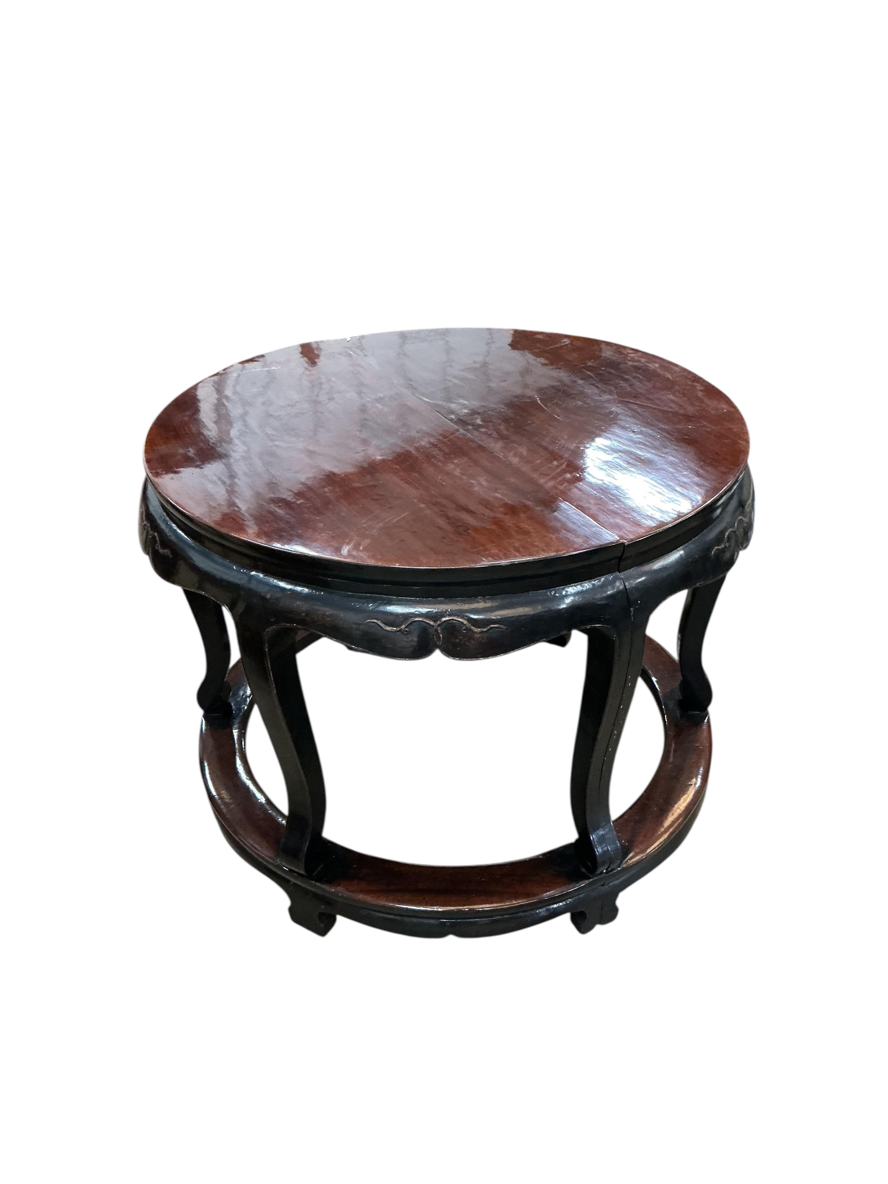 A pair of Chinese demi lune side tables, width 109cm, depth 56cm, height 84cm